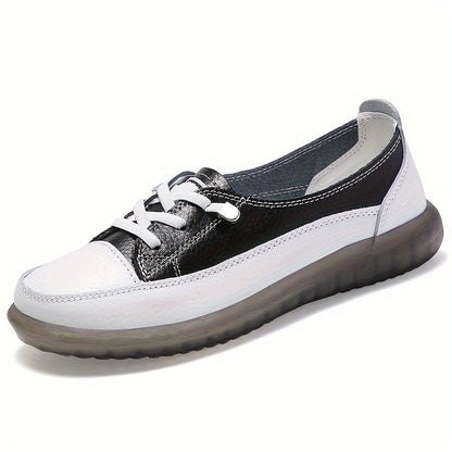 Women's Genuine Synthetic Leather Sneakers in White, Red, and Black options. Lightweight, non-slip, soft sole for all-season casual wear. Classic lace-up design with durable PVC sole.