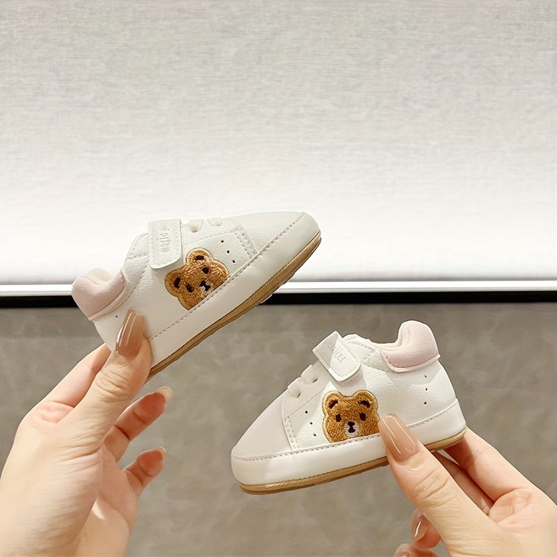 Cute bear sneakers for kids are non-slip and comfortable with easy hook-and-loop closure, ideal for all seasons.