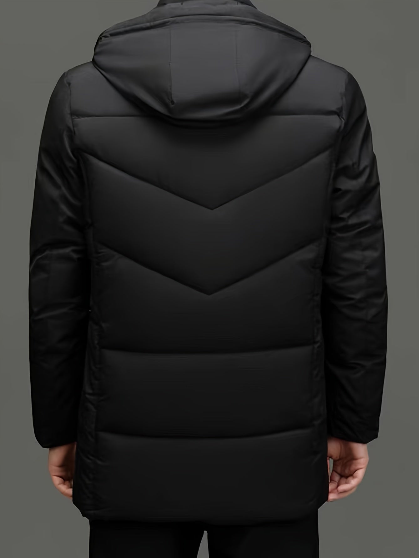 Men's mid-length hooded padded jacket with detachable hood, suitable for winter outdoors.