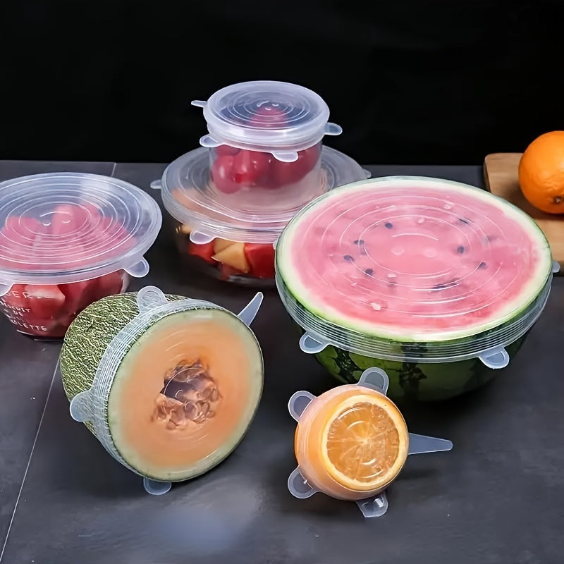 A collection of 6 versatile silicone stretch lids, designed to fit various sizes of bowls and pots for food storage. Includes a fresh microwave cover and other kitchenware accessories.