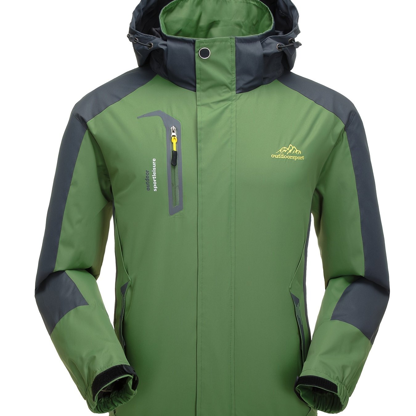 Windproof hooded softshell jacket for men, ideal for hiking and camping with multiple pockets.