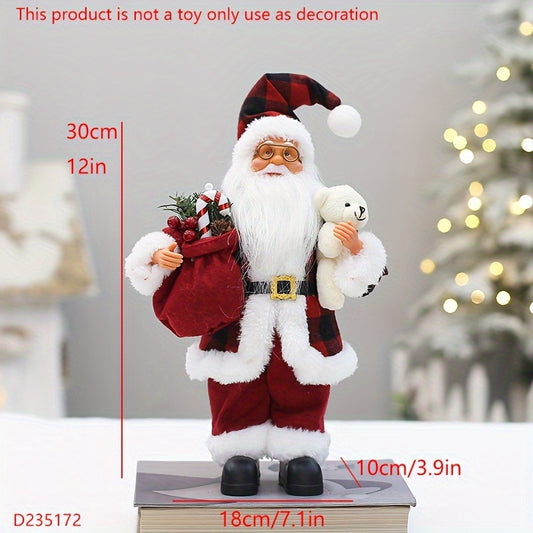 12-inch Classic Santa Claus Figurine in Red & Black Attire for Festive Home Decor during Christmas and New Year's. Made of Durable Synthetic Fiber, Ideal for Window or Tabletop Display in Homes, Shopping Malls, and Hotels.