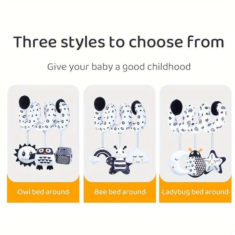 Black and white baby hanging toys with animal-themed designs, perfect for decorating strollers and car seats. These plush spiral toys are ideal for entertaining babies while traveling. Choose from bee, owl, or beetle styles.