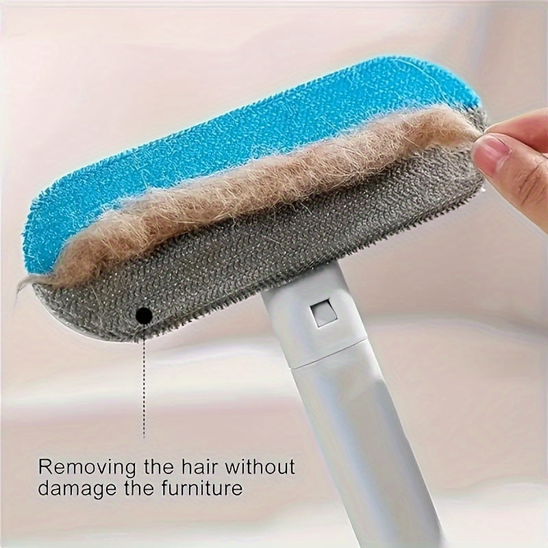 Multifunctional pet hair remover brush for dogs and cats. Dual-directional sticky tool for removing fur and lint from sofas, carpets. Easy to clean and made of plastic.