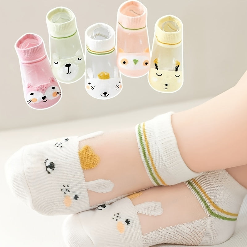 5 Girls' Cartoon Animal Mid-Calf Socks - Soft, Polyester Blend for All Seasons