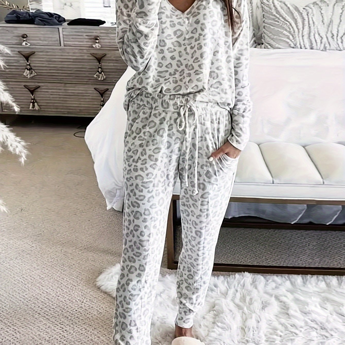 Leopard Print Lounge Set for Women - V Neck Top & Joggers with Pockets, Perfect for Fall & Winter