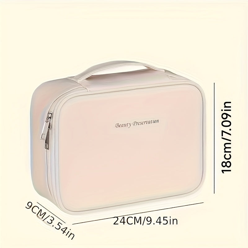 Large capacity detachable cosmetic bag with multiple layers and brush storage, suitable for both men and women.