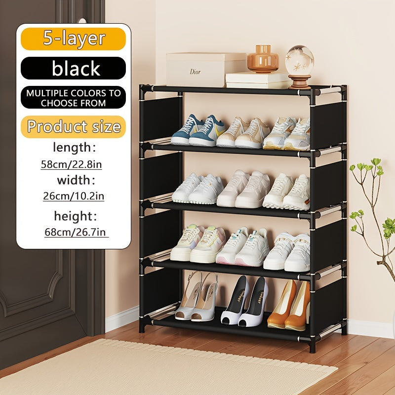 A convenient 5/7-Tier Shoe Rack designed to save space, featuring easy assembly, stackable and expandable capabilities. Made with durable fabric and metal, no batteries needed. Perfect for storing shoes in the living room, dorm, apartment, or home