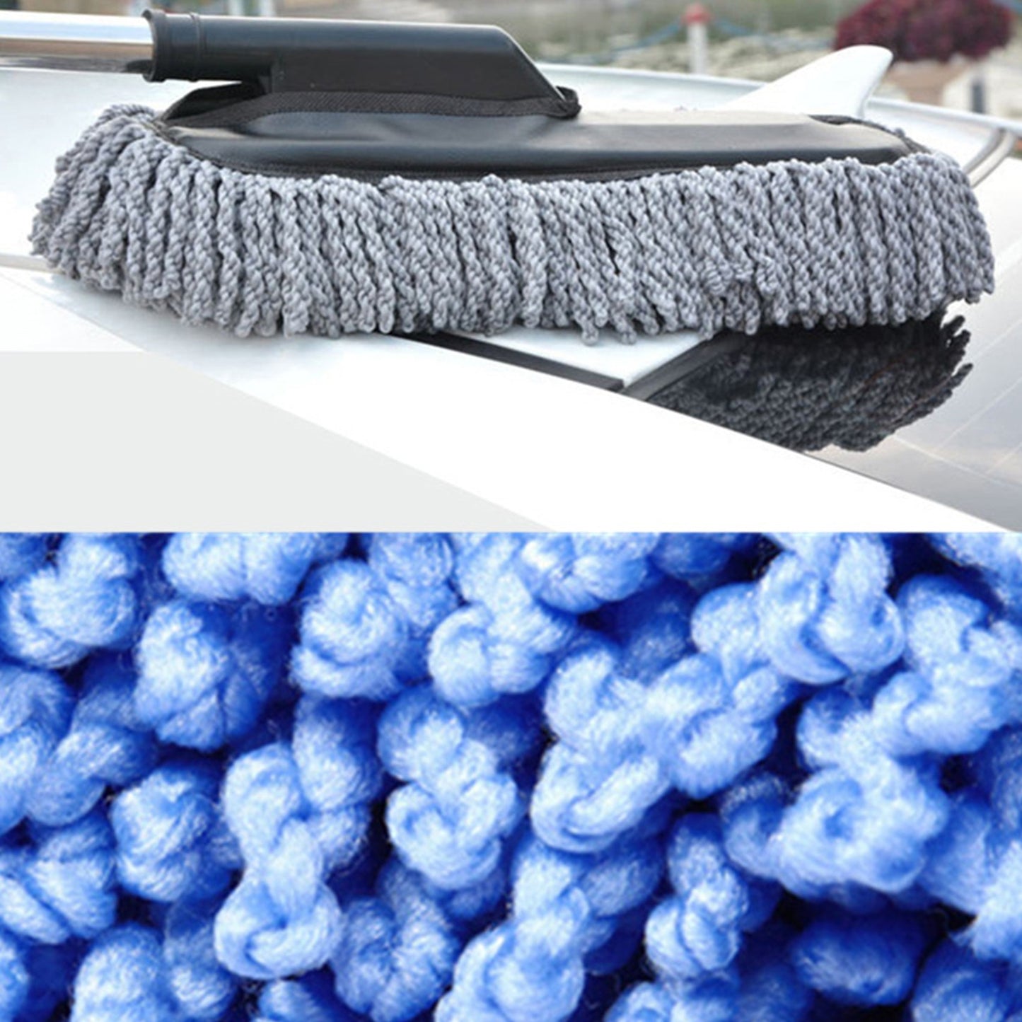 Extendable car wash mop with detachable microfiber pads for dusting and waxing, with stainless steel handle, ideal for reaching tight spaces.