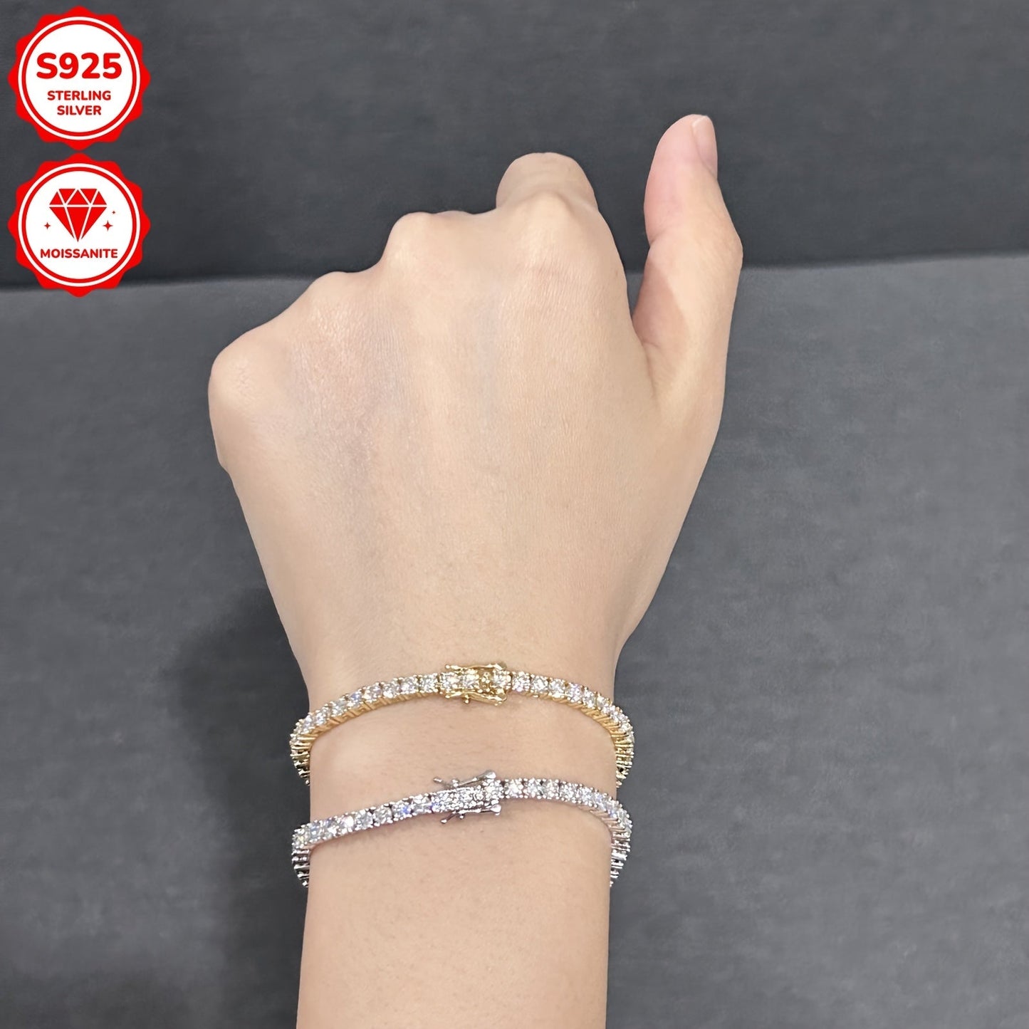 Beautiful 925 Sterling Silver Moissanite Tennis Bracelet with Gold Plating, Featuring 3mm Synthetic Stones totaling 5.4ct. Perfect for April Birthdays, Available in 17cm or 18cm. Ideal for Weddings, Vacations, and as a Thoughtful Christmas Present.