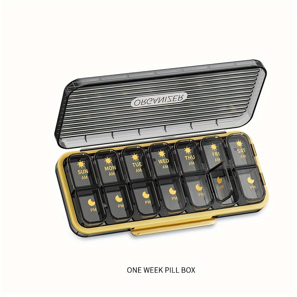 Weekly pill organizer with 14 compartments, modern design, strong plastic case with polypropylene backing