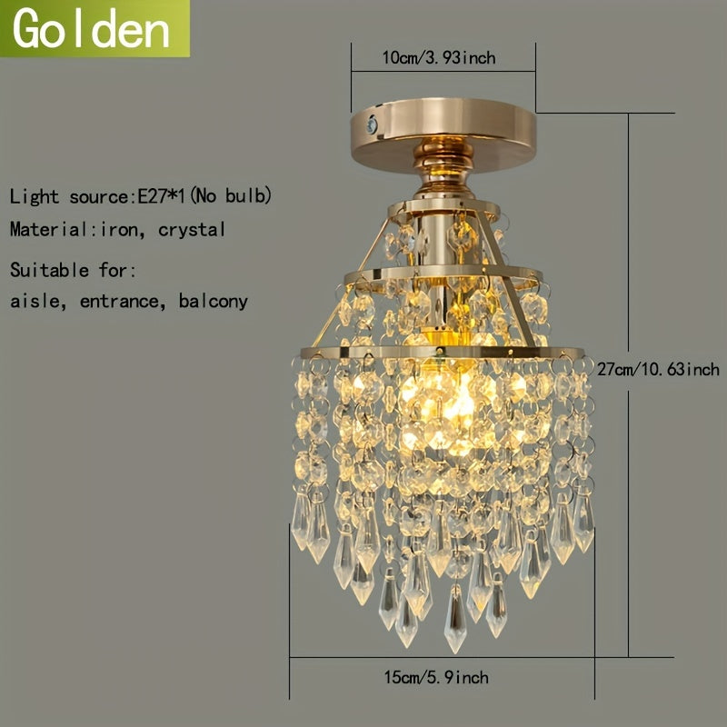 1pc Golden Crystal Chandelier Ceiling Light for E27 Base, Ideal for Bedroom, Balcony, Hallway, Light bulb not included.