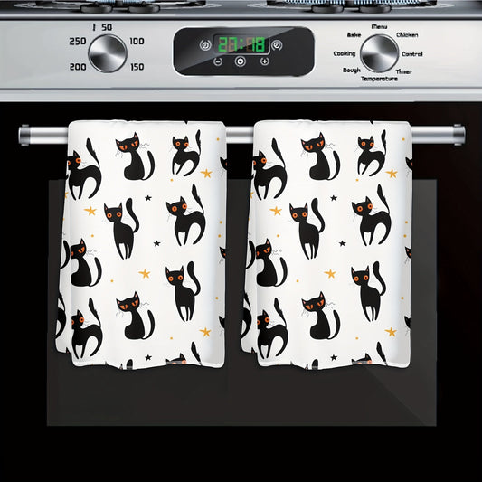 Pair of cute black cat-themed kitchen towels, perfect for washing dishes and cleaning around the house. These ultra-soft and absorbent towels can also be used in the bathroom and living room for versatile home cleaning.