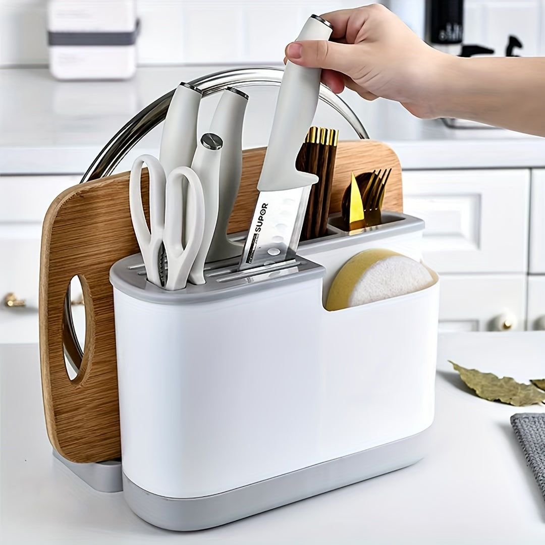 Modern Kitchen Storage Organizer with Integrated Cutting Board, Utensil Holder and Plastic Knife Block - No Batteries Needed