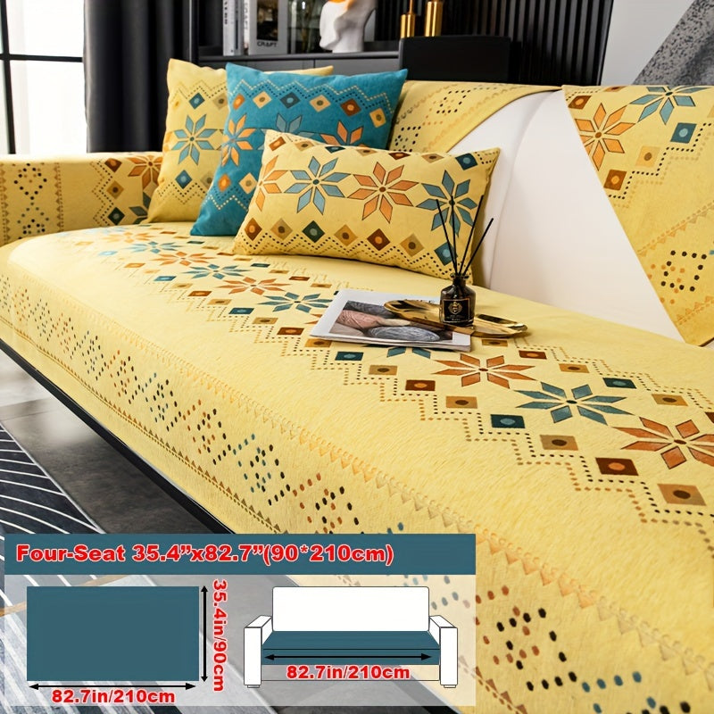 Bohemian four seasons chenille sofa cover with geometric embroidered pattern, offers sofa protection and non-slip feature for home decoration in bedroom, office, and living room.