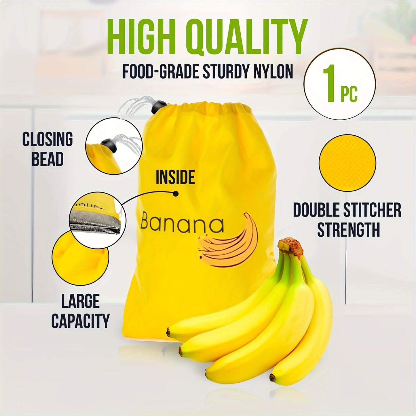 Reusable drawstring bag for storing bananas in the refrigerator, helps prevent premature ripening of fruits and vegetables, essential for home kitchen organization.