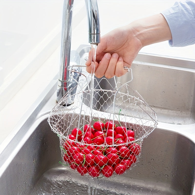 1 piece of Stainless Steel Frying Basket: a foldable, steam rinse, and strain kitchen tool for frying and cooking fried food in the household. A versatile kitchen gadget for all your cooking needs.