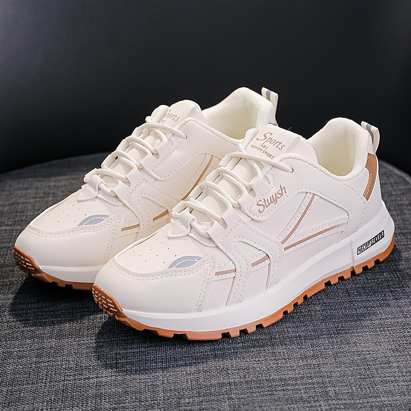 Women's Casual Athletic Sneakers in White with Black Accents - Lightweight, All-Season, Low-Top Lace-Up Shoes with Faux Leather & Mesh Interior, Comfortable PU Sole, Hand Washable