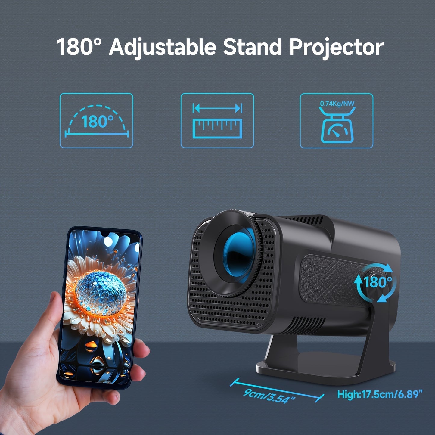 Magcubic HY320 Mini 720P Android 11 4K Projector with wifi6, wireless5.0, 300ANSI, EU Plug, and 180° Rotable.