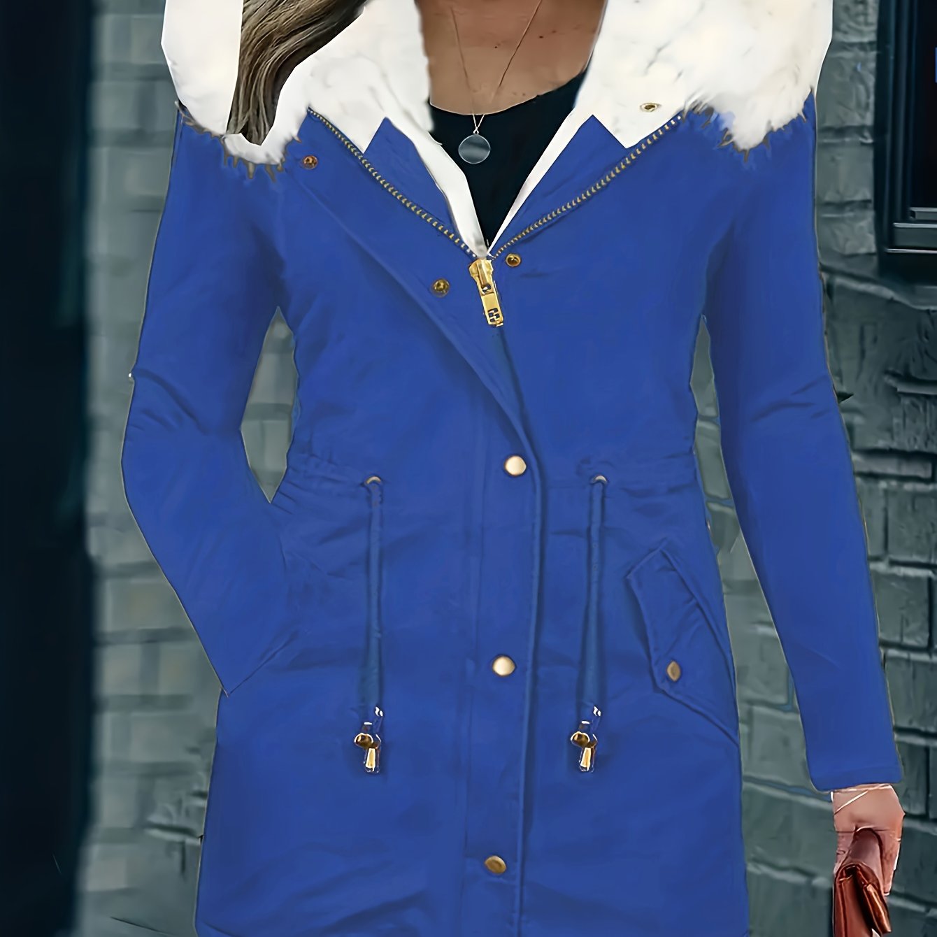 Women's plus size winter coat with fuzzy contrast, drawstring waist, full zipper, warm pockets, and long sleeves.