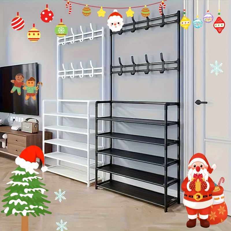 Elegant metal hall tree with coat and shoe rack, hooks, and multi-purpose organizer in black/white.