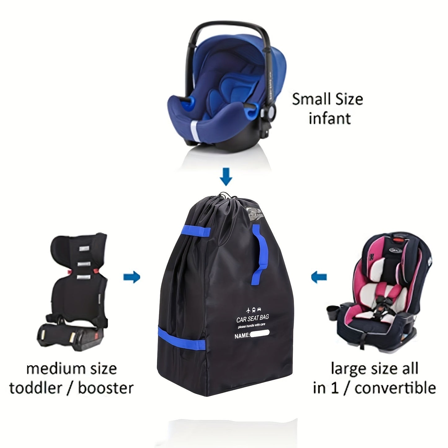 Large car safety seat travel bag made with thickened 300D Oxford cloth, features a double stroller travel bag design. This waterproof ripstop polyester bag is compact and includes stroller bag accessories. Ideal for airplane travel with strollers.