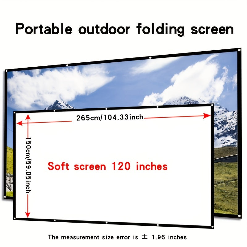 Portable 4K HD foldable projector screen for indoor and outdoor use with anti-wrinkle material. Dual-sided viewing with 16:9 aspect ratio, available in sizes ranging from 152.4cm to 3.81