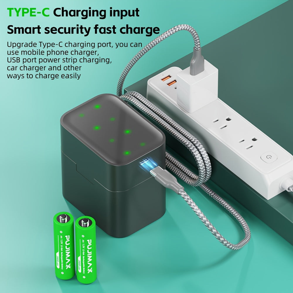 8pcs PUJIMAX 3400mWh lithium battery bundle with all-in-one yellow charging box. Supports only 1.5V rechargeable lithium batteries.