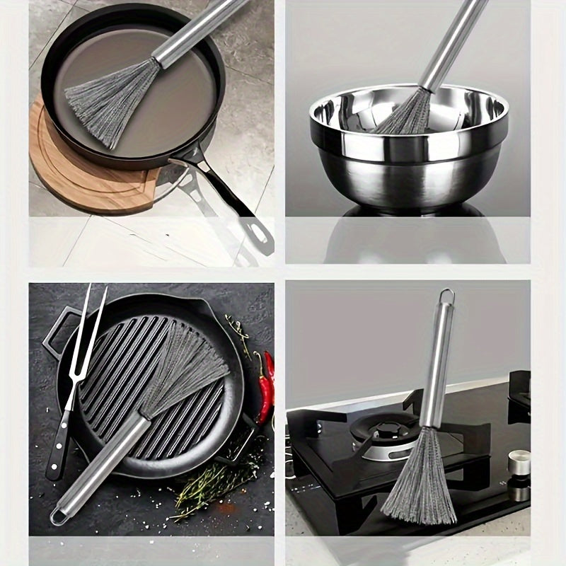 A stainless steel kitchen brush with a long handle and multiple functions, designed for cleaning pots and pans.