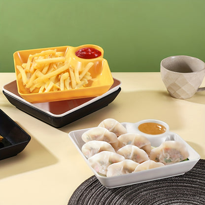 4-piece chip and dip serving platter set with sauce compartment, ideal for serving snacks and appetizers in home kitchens, restaurants, and other dining settings.