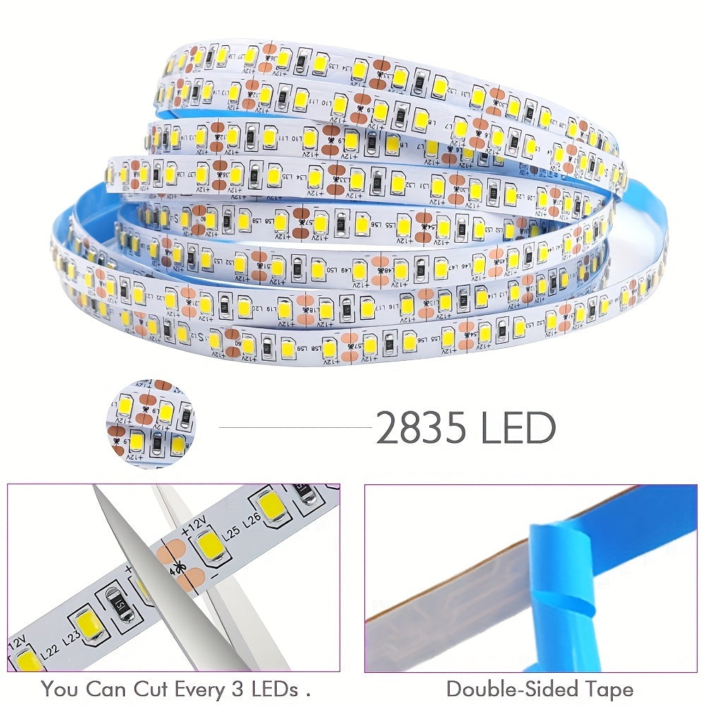 1 ta 5.0m LED lenta chiroqlari iliq oq/kun yorug'ligi/oq variantlari bilan DC quvvat manbai, yotoqxona, oshxona, shkaf va bayram bezaklari uchun. Samarali va mustahkam, zamonaviy LED uchun mos.