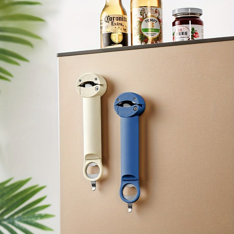 Multi-functional magnetic bottle opener for opening cans, lids, and bottle caps. Perfect Christmas gift for home and kitchen.