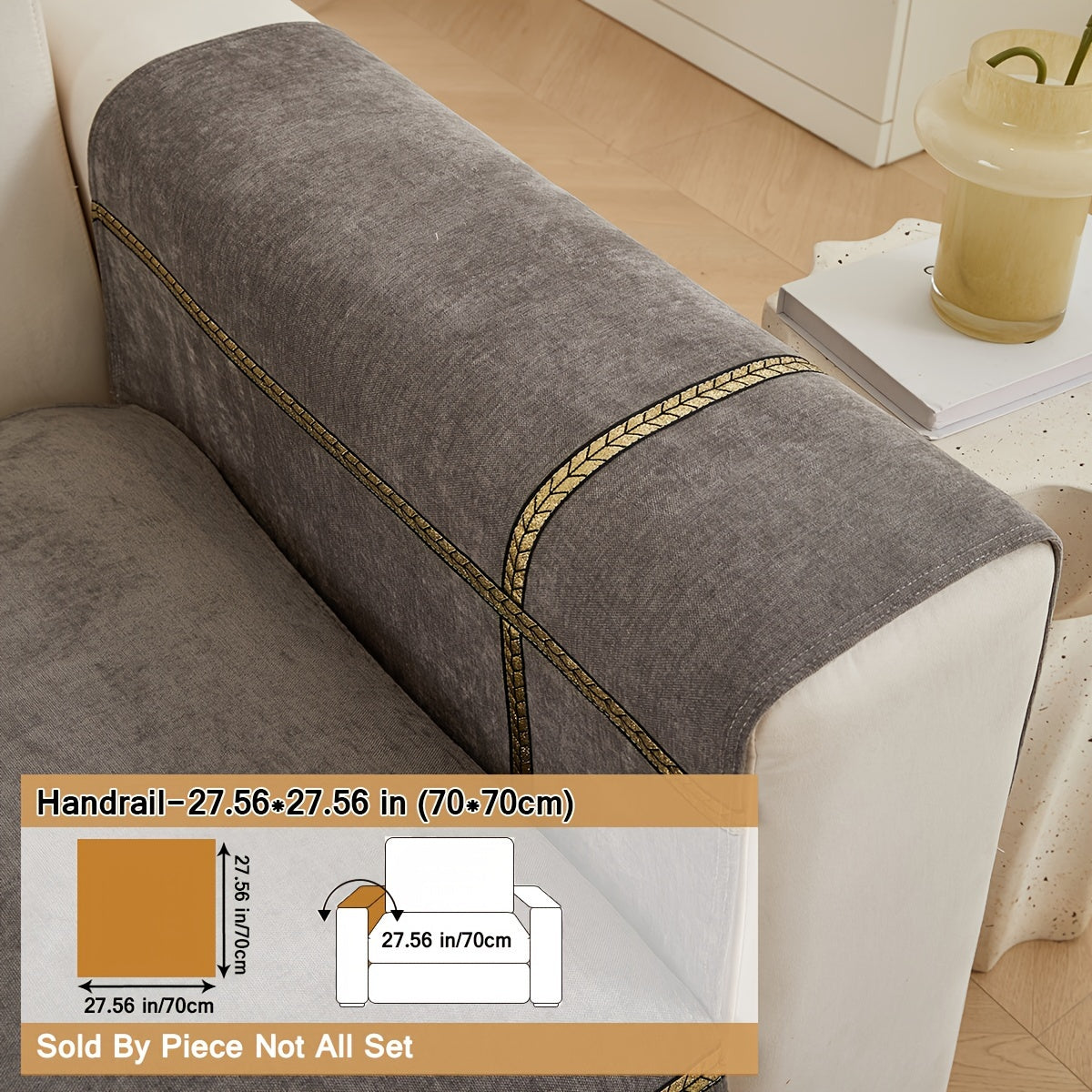 Elegant gray chenille sofa cover with golden braided trim. Non-slip, pet-friendly, and fits single to four-seater sofas. Perfect for all-season use as an elegant home decor in the living room.