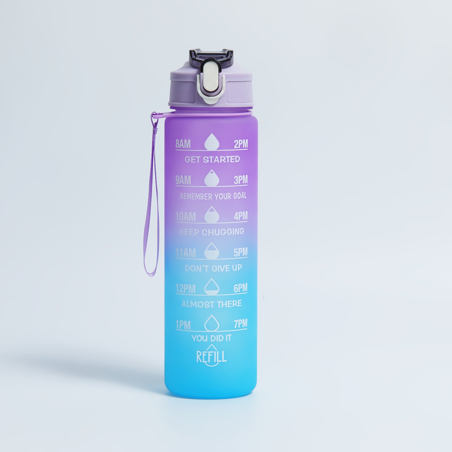 BPA-free water bottle with straw, time marker, and motivational design for fitness, gym, school, yoga, and hiking.