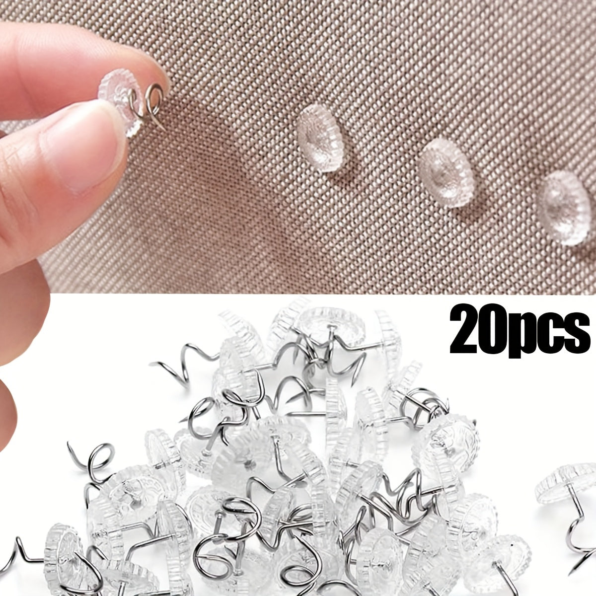 Set of 20 twisted stainless steel nails with transparent spiral push pins. These bed sheet fasteners require no tools for installation and feature anti-slip grips for securing bed skirts and sofa covers. Made of spot-clean polypropylene material.