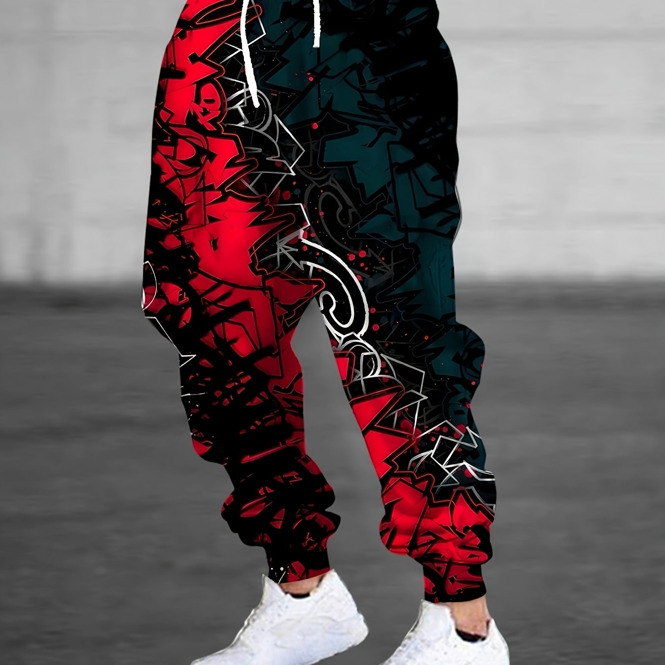 Men's Lifestyle Flex joggers with 3D graffiti print, drawstring, and pockets - comfortable polyester sweatpants for all seasons.