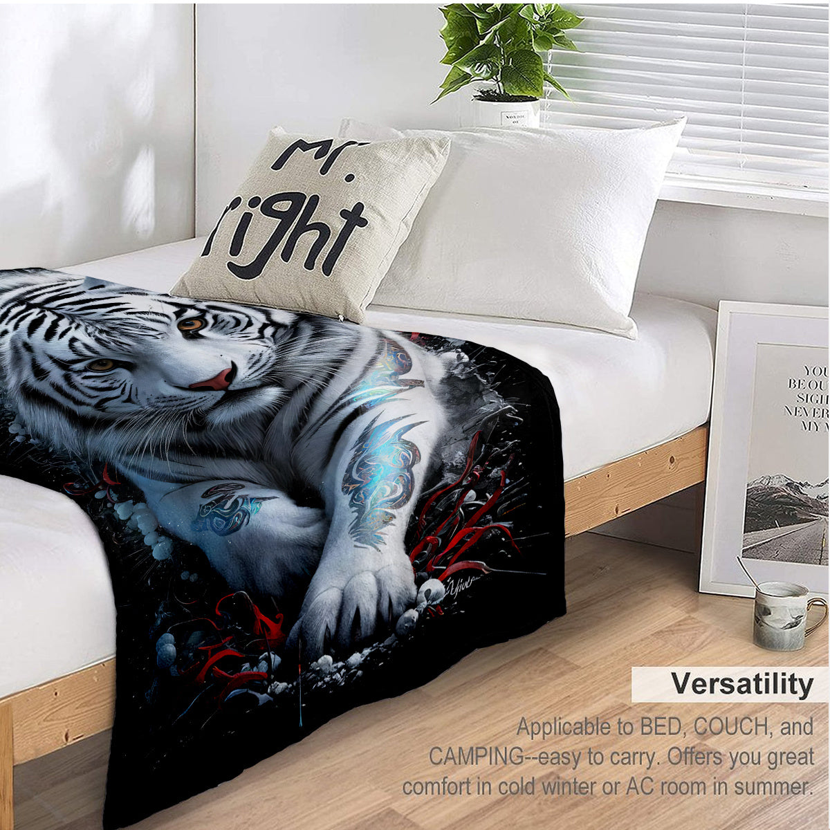 This versatile blanket showcases a stunning white tiger design, exuding artistic creativity and a strong presence. It can be used as a bedspread, towel blanket, nap blanket, or leisure blanket, making it ideal for travel. The soft, lightweight, and