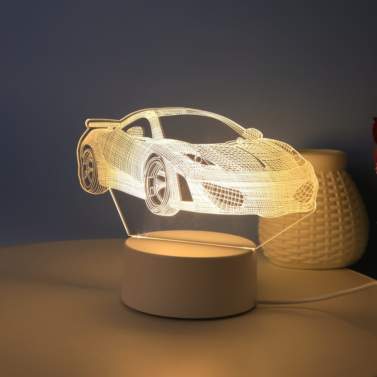 Modern 3D sports car night light, USB powered, perfect for gifts, no batteries needed, suitable for various rooms.