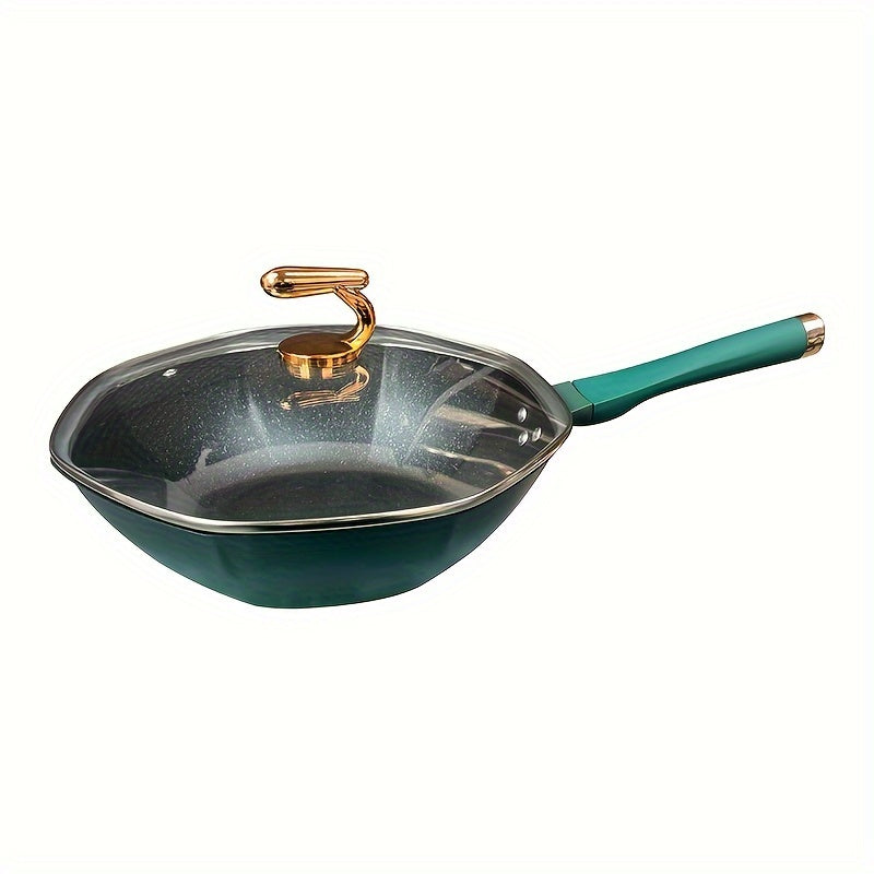 "Wheat Straw Stone Coated Octagonal Non Stick Pan - 1 Piece measuring 34CM. Features a flat bottom design suitable for low oil frying. Compatible with induction cookers and gas stoves. Perfect for use in households as a versatile kitchen cookware supply.