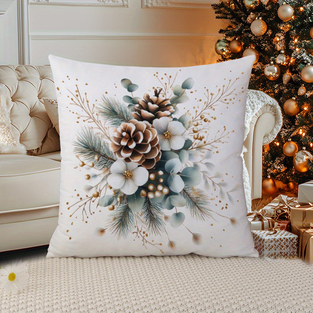 Machine washable zippered polyester throw pillow covers featuring contemporary pine cone and Christmas flower designs. These decorative cushion cases are perfect for adding a festive touch to your sofa, bed, car, or living room. Made from mixed color