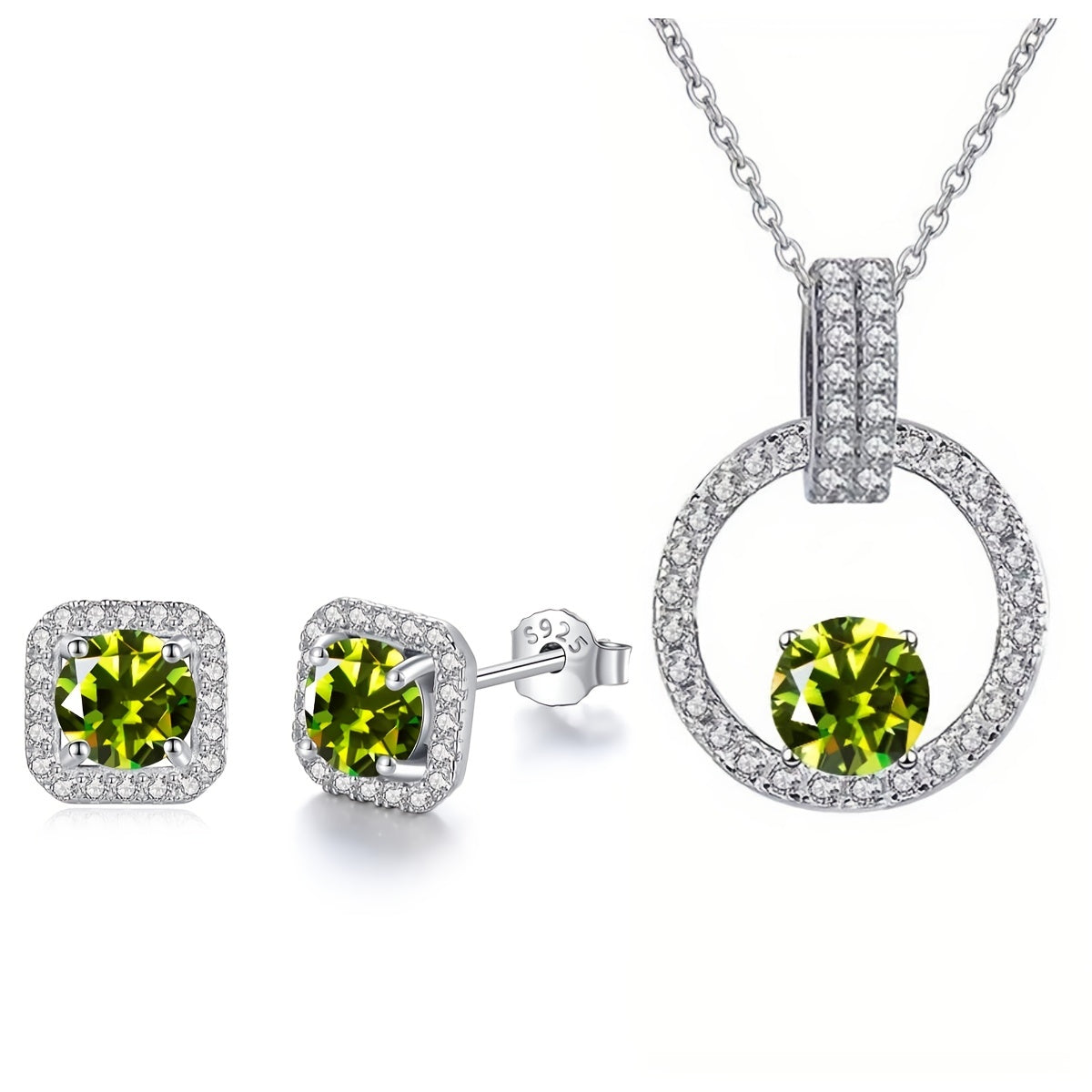 1 set of Moissanite jewelry including a necklace with a 1 carat stone and 2 earrings with 0.5 carat stones. Made of 925 sterling silver and available in multiple colors. Perfect for weddings, comes with a certificate and gift box.