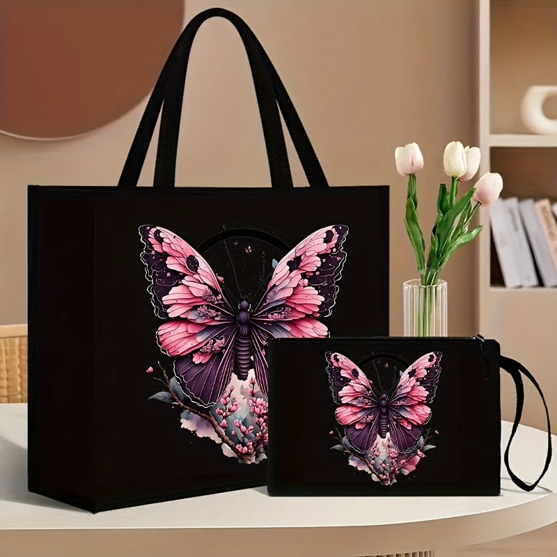 Set includes 2 floral and butterfly print tote bags with matching wallet, made of durable canvas material. Features magnetic snap closure and foldable design for shopping and travel, with