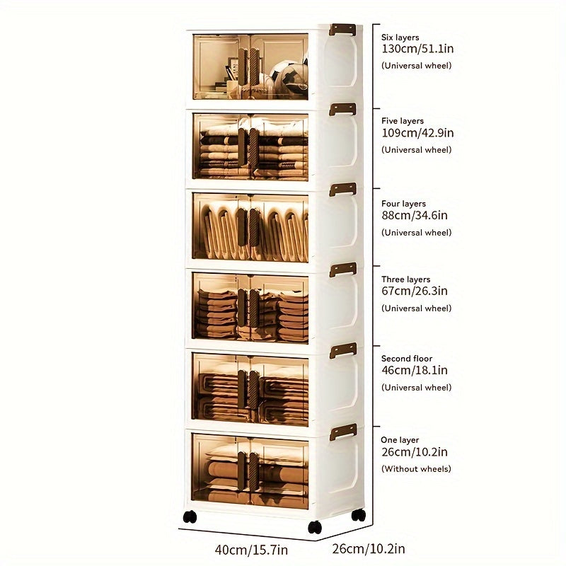 Foldable 5-tier plastic storage bins with lids on wheels for closets, bathrooms, offices, and dorm rooms.