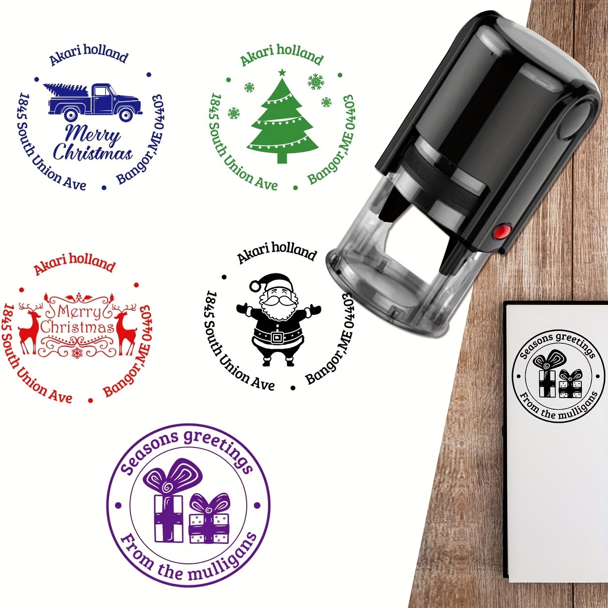 Customized self-inking stamp with personalized business logo and text.