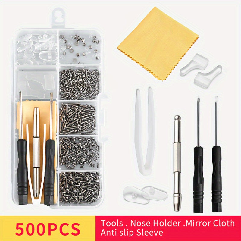 XIYA brand Glasses Repair Kit includes 500 pieces of screws, screwdrivers, tweezers, mirror cloth, and anti-slip sleeve. Perfect for fixing eyeglasses, glasses, and watches. Made of durable plastic material.