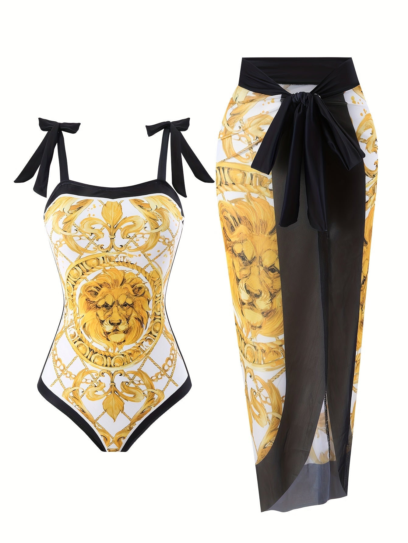 Golden Tone Lion Print 2 Piece Swimsuits with Bowknot Shoulder and Mesh Cover Up, Perfect for Koningsdag.