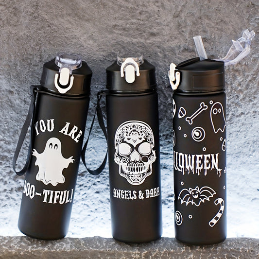 Halloween-themed water bottle set with 2000ml, 800ml, and 300ml cups, or 750ml individual cup for outdoor sports. Featuring fun Halloween prints. Ideal for the summer season. A must-have for Halloween enthusiasts.