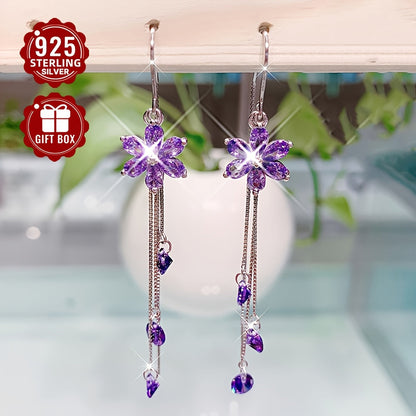 Pair of 925 Sterling Silver Purple Flower Tassel Earrings, Elegant and Versatile for Everyday Wear, Beautiful Jewelry Gift Weighing Approximately 4.33g