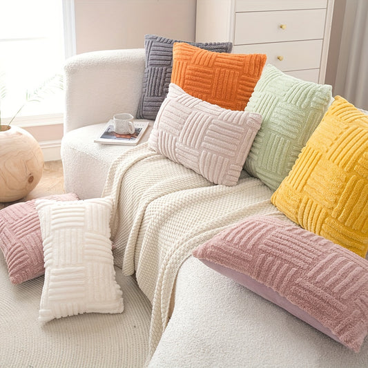 Boho style pillow cover for home decoration, in plush stripe design, available in two sizes; suitable for sofa, couch, or bed; cozy modern addition to any room, pillow insert not included.