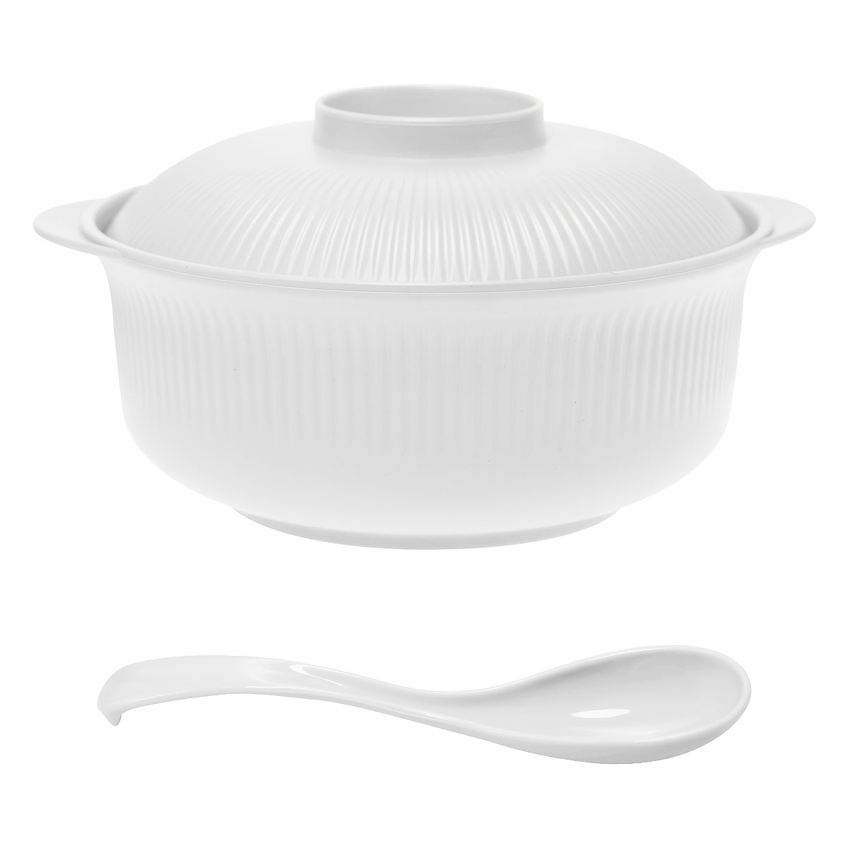 Large capacity casserole-style bowl set with lid, includes long soup spoon. Portable 1100ml/38oz bowl, ideal for Japanese and Korean-style ramen, rice, or lunch. Suitable for family restaurants and student use.